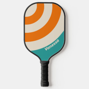 Raquette De Pickleball Cercle rayé avec nom, ambiance brise marine rétro