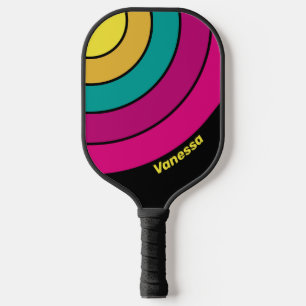 Raquette De Pickleball Cercle rayé rétro sombre avec nom 80s
