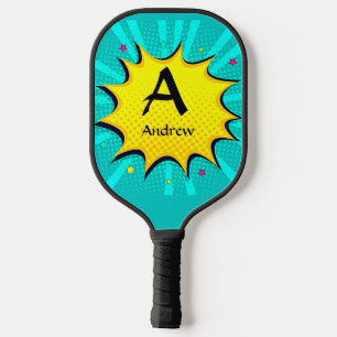 Raquette De Pickleball Changer Initial, Ajouter Nom, Pop Art Aqua Bleu Ja