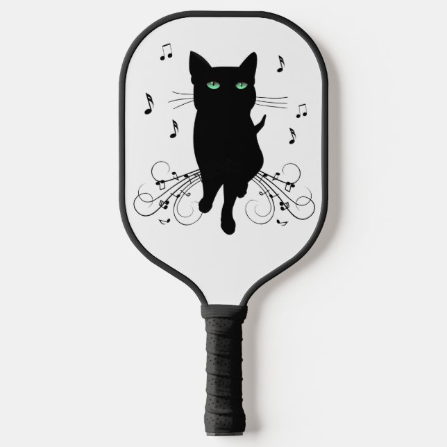 Raquette De Pickleball Chat noir entouré de notes de musique murmurantes (Recto)