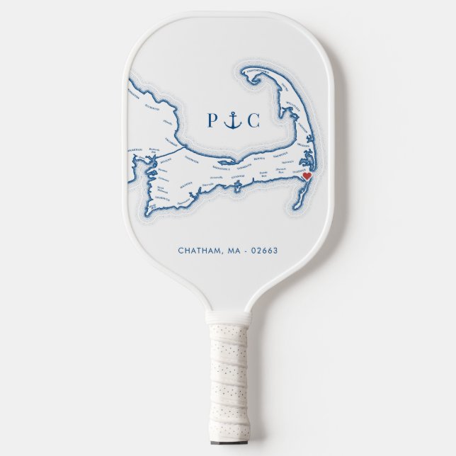 Raquette De Pickleball Chatham MA Carte Marine Monogramme bleu (Recto)