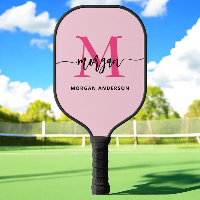 Raquette De Pickleball Chaud rose moderne Script Girl Monogramme Nom (Créateur téléchargé)
