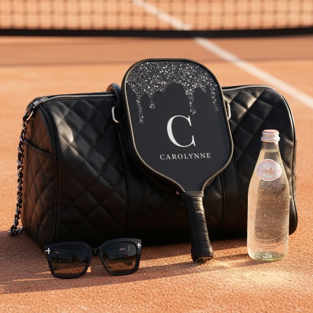 Raquette De Pickleball Chic Black Étincelle Parties scintillant Lecteurs  (Chic Black Sparkle Glitter Drips Monogram Pickleball Paddle)
