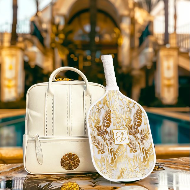 Raquette De Pickleball Chic et élégant Monogramme Monstera or doré (Chic Monogrammed Monstera Gilded Gold Pickleball Paddle)