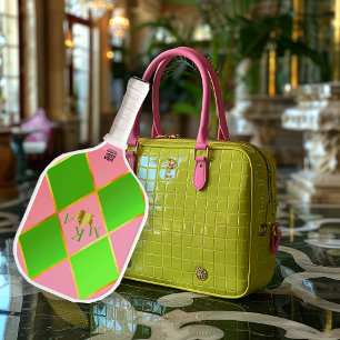 Raquette De Pickleball Chic Jacquard rose et vert monogramme