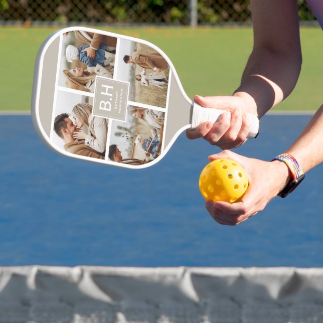 Raquette De Pickleball Chic Monogramme 4 Photo Collage (Insitu)