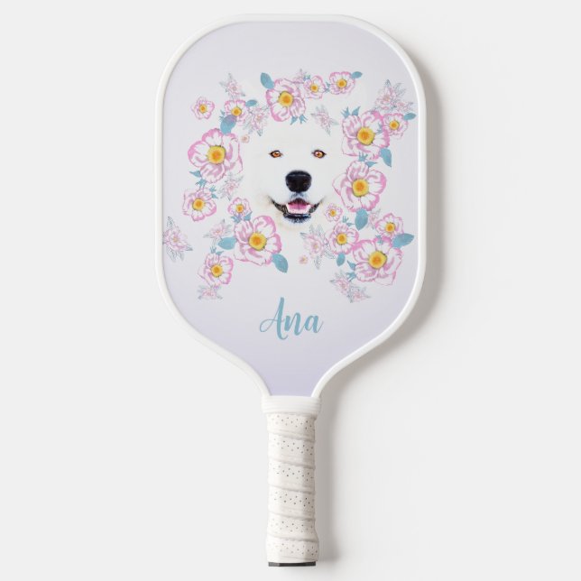 Raquette De Pickleball Chien Samoyed et fleurs roses, nom customisé (Recto)