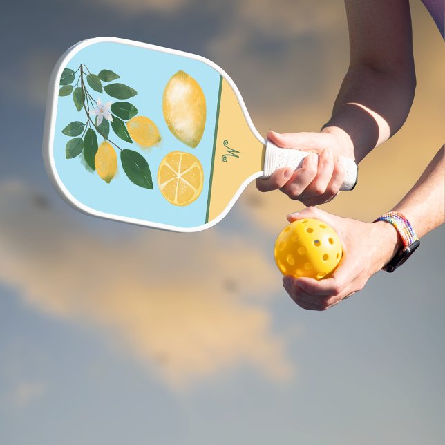 Raquette De Pickleball Citron jaune lavé et monogramme ciel bleu (Créateur téléchargé)