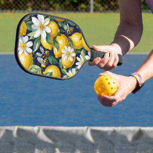 Raquette De Pickleball Citrons jaunes frais avec abeilles affairées et fl