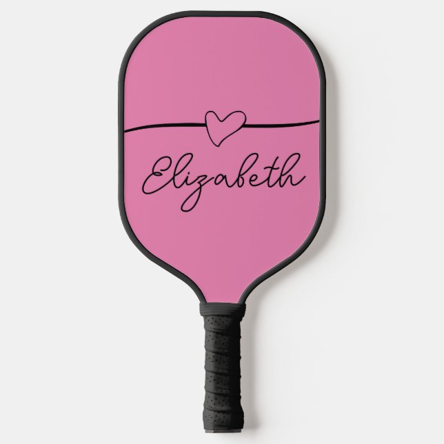 Raquette De Pickleball Coeur noir et rose mignon Nom cursif Script (Recto)