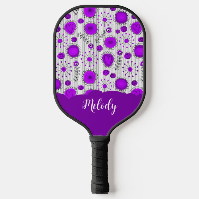 Raquette De Pickleball Coeurs blancs violet blanc Whimsical fleurs nom fl (Recto)