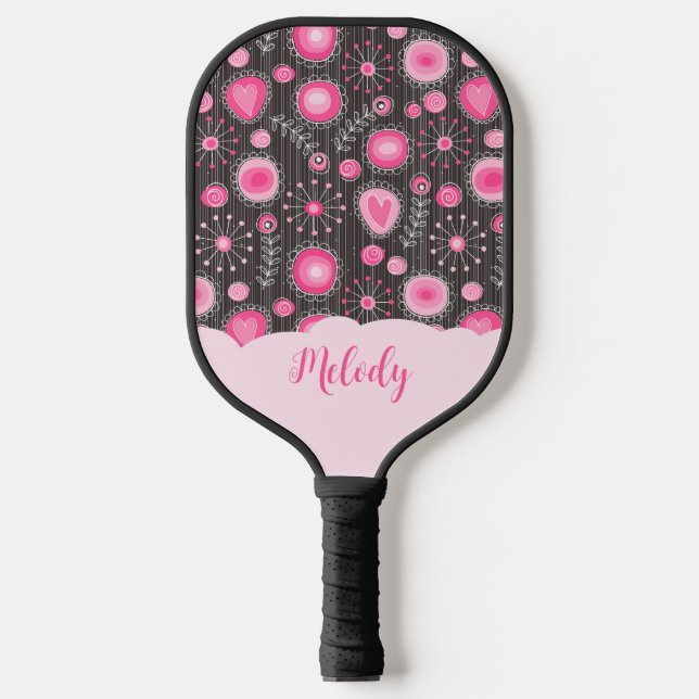 Raquette De Pickleball Coeurs gris rose blanc et nom fleuri (Recto)