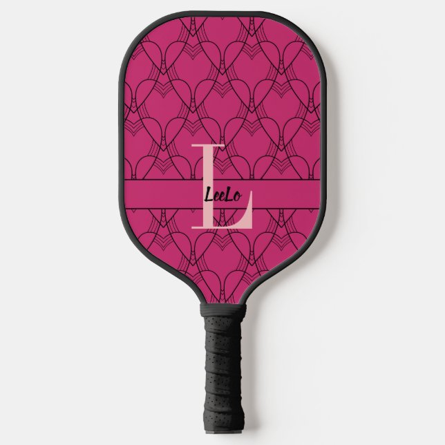 Raquette De Pickleball Coeurs roses Motif Monogramme et nom Personnalisé (Recto)