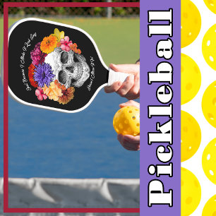Raquette De Pickleball Collage d'art crâne de sucre Fleurs colorées sur n