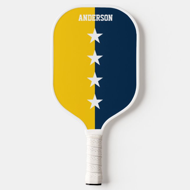 Raquette De Pickleball Colonnes de collège Bleu et maïs Monogramme jaune (Verso)