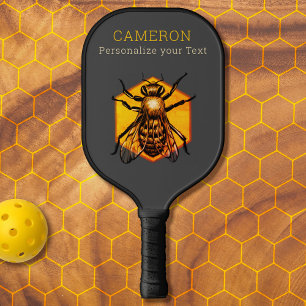 Raquette De Pickleball Cool Moderne Miel Bee Logo Gris Jaune Texte Person