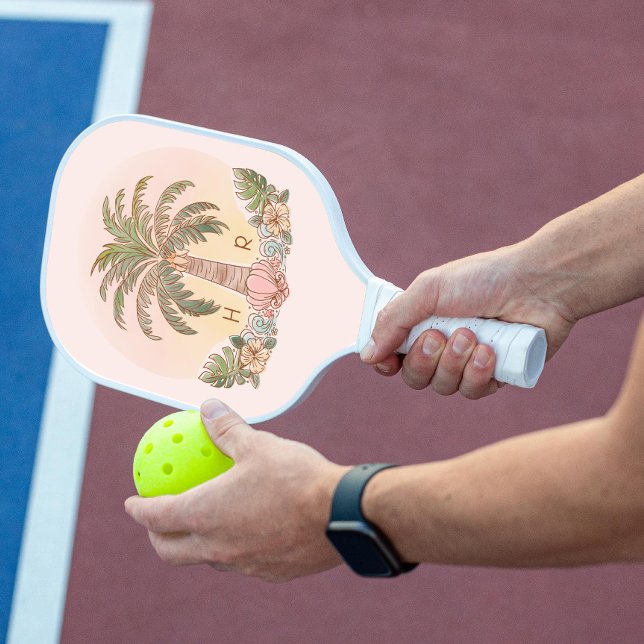 Raquette De Pickleball Coucher de soleil Palmier Aquarelle Monogramme ros (Créateur téléchargé)