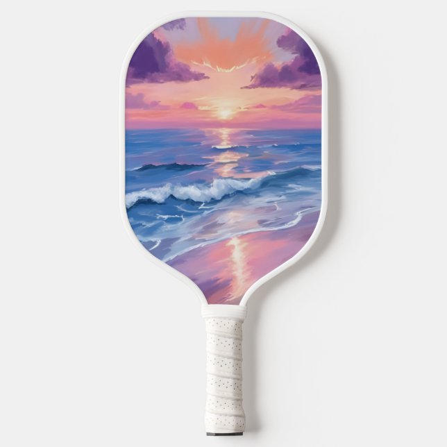 Raquette De Pickleball Coucher de soleil Plage violet Océan Aquarelle (Recto)