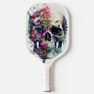 Raquette De Pickleball crâne avec fleurs, arrière - plan blanc