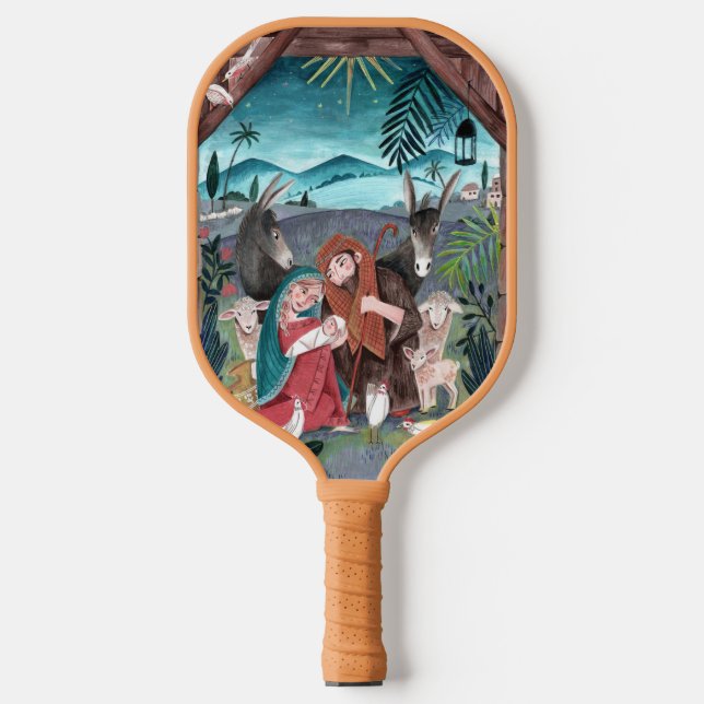 Raquette De Pickleball Crèche religieuse bleu, rouge Marie & Jésus (Recto)
