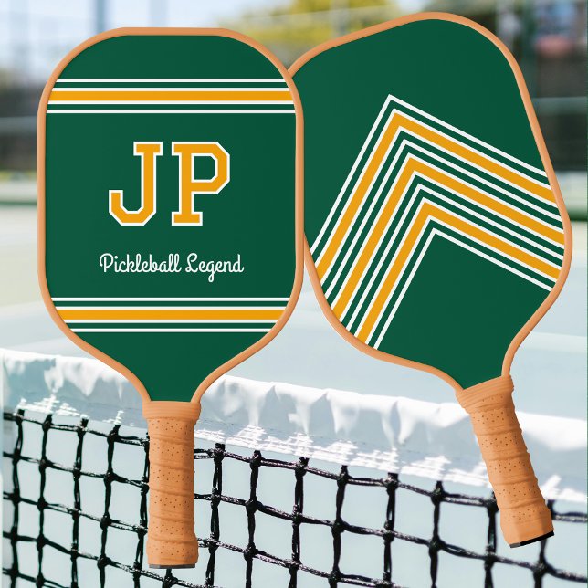 Raquette De Pickleball Custom Monogram Name Initials Retro Green Yellow (Créateur téléchargé)
