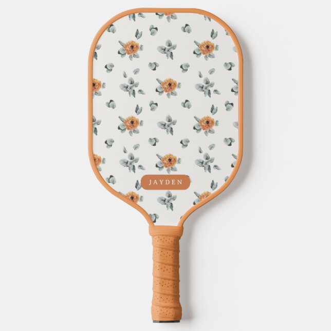Raquette De Pickleball Cute Boho Terracotta Floral Green Nom personnalisé (Recto)