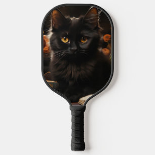 Raquette De Pickleball Cute Chat noir et Fleurs