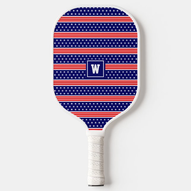 Raquette De Pickleball Drapeau américain Étoiles et rayures Initiales mon (Recto)