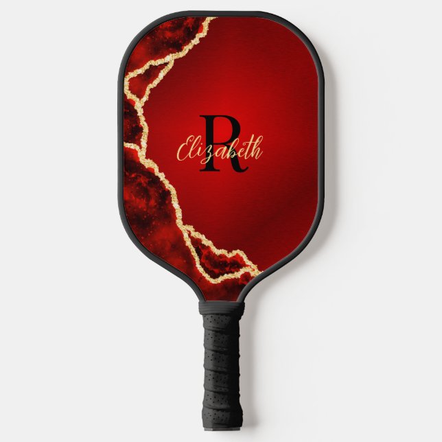 Raquette De Pickleball Élégant Agate rouge et noir Monogramme (Recto)