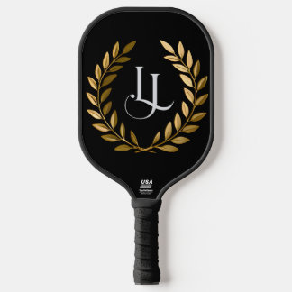 Raquette De Pickleball Elegant Black & Gold Laurel Monogram Pickleball Pa