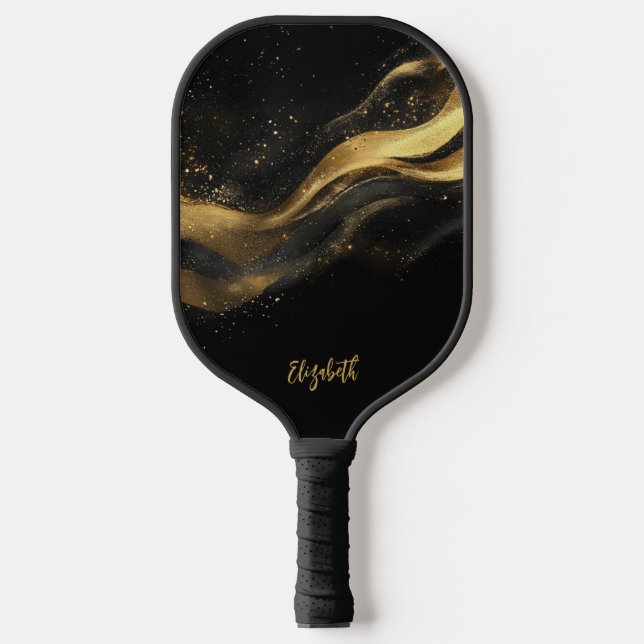 Raquette De Pickleball Elegant Black Gold Monogram Name (Recto)