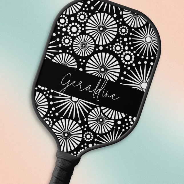 Raquette De Pickleball Elegant Black White Geometric Starburst Name  (Créateur téléchargé)