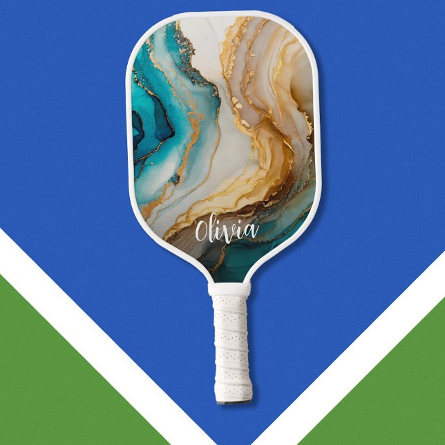 Raquette De Pickleball Élégant Bleu Marbre Or Nom personnalisé (Créateur téléchargé)