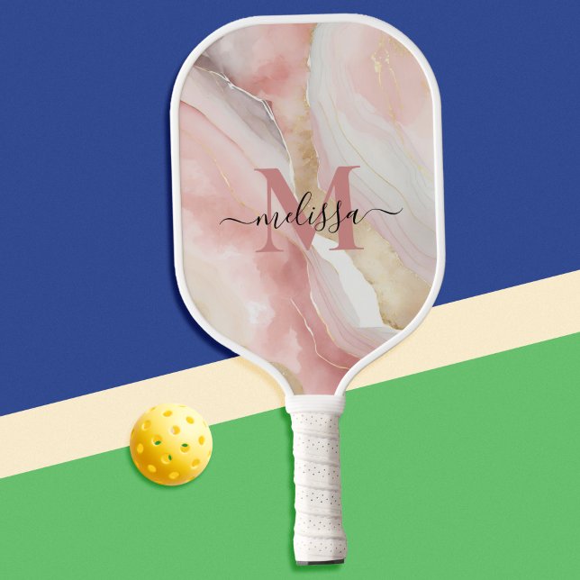 Raquette De Pickleball Élégant Chic Blush Pink Monogramme (Créateur téléchargé)