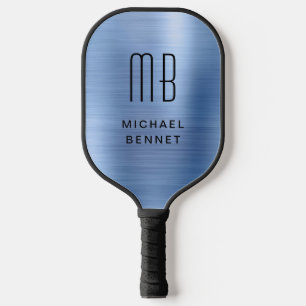 Raquette De Pickleball Élégant Monogramme Faux Bleu Brossé Métallique