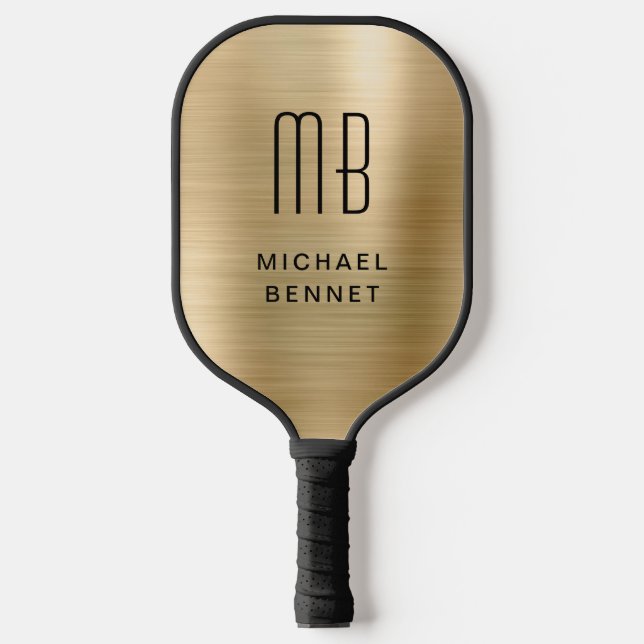 Raquette De Pickleball Élégant Monogramme Faux Or Brossé Métallique (Recto)