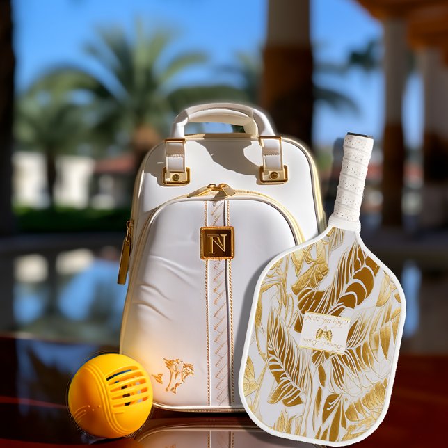 Raquette De Pickleball Élégant Monogramme Monstera or doré (Stylish and Chic Tropical Gold and Ivory Monstera Leaf Pickleball Paddle)