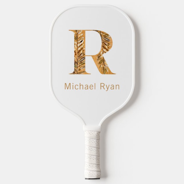 Raquette De Pickleball Élégant Monogramme personnalisé blanc et or (Recto)