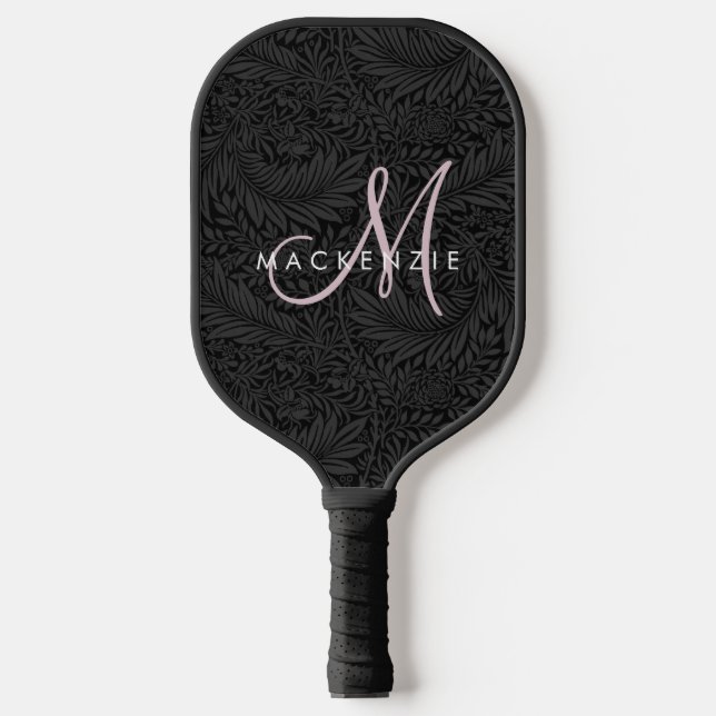 Raquette De Pickleball Élégant noir floral moderne Monogramme de script r (Recto)