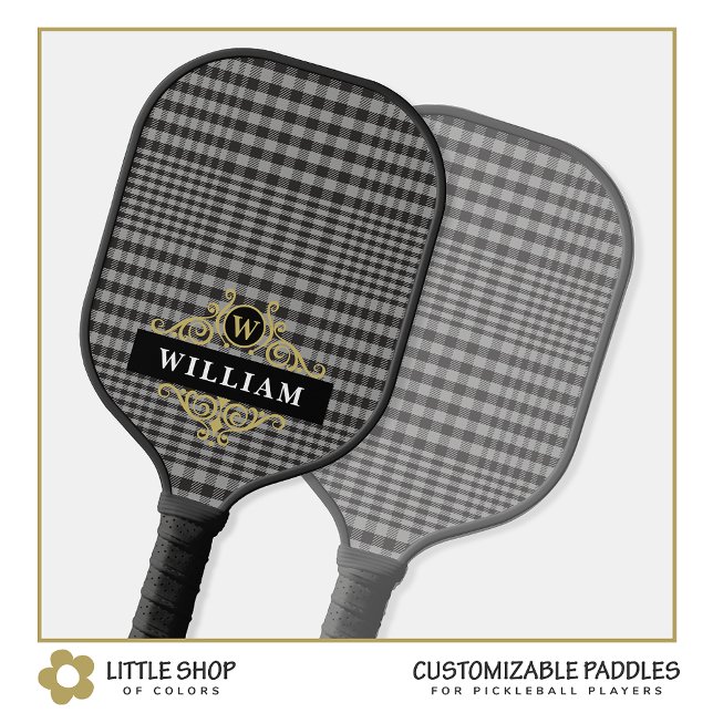 Raquette De Pickleball Élégant noir gris verre plaqué or Monogramme (Créateur téléchargé)