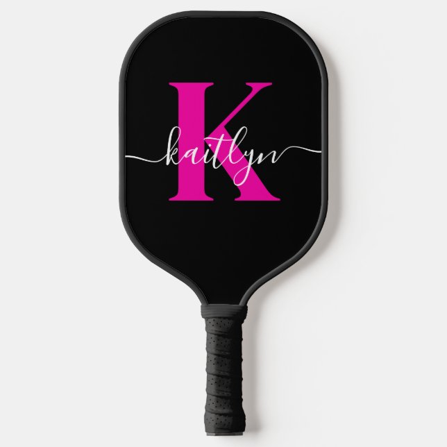 Raquette De Pickleball Élégant Noir Hot Rose Script Monogramme (Recto)