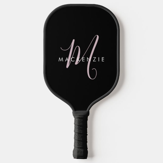 Raquette De Pickleball Élégant Noir Noir Blush Pink Script Monogramme (Verso)