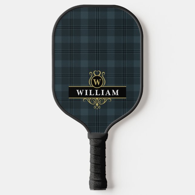 Raquette De Pickleball Élégant Vitre Noir Or Plaid Monogramme (Recto)