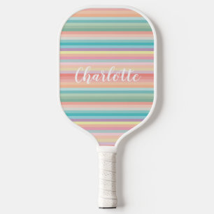 Raquette De Pickleball Elégante Girly Pastel Rainbow Stripes Personnalisé