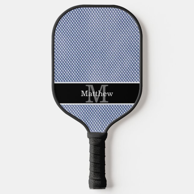 Raquette De Pickleball En vichy bleu À damiers Monogramme initial (Recto)