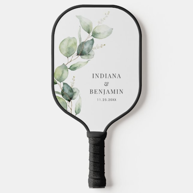Raquette De Pickleball Éucalyptus Floral Feuille Script Mariage personnal (Recto)