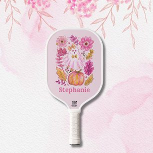 Raquette De Pickleball Fantôme pastel rose d'Halloween avec nom personnal
