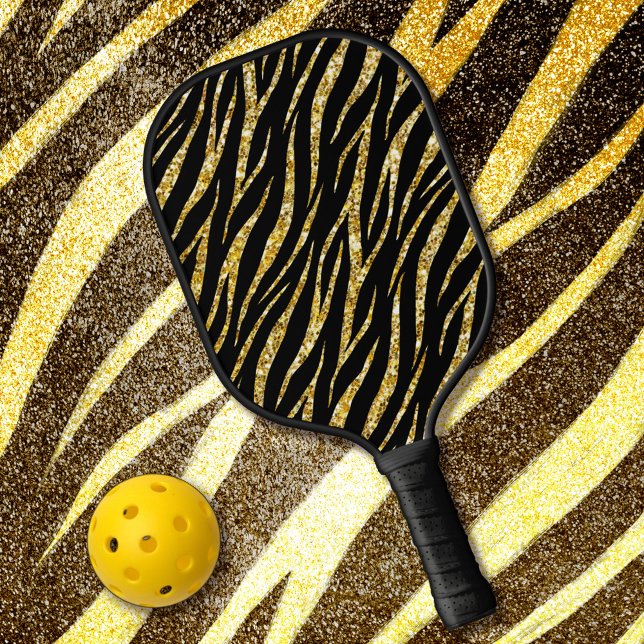 Raquette De Pickleball Feminine Chic Luxe Black Gold Classy Zebra Print (Créateur téléchargé)