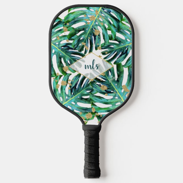 Raquette De Pickleball Feuilles tropicaux avec Gold Parties scintillant B (Recto)