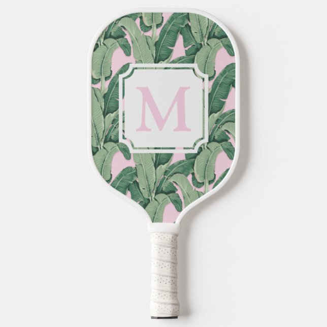 Raquette De Pickleball Feuilles tropicaux roses et verts | Monogramme Cab (Recto)